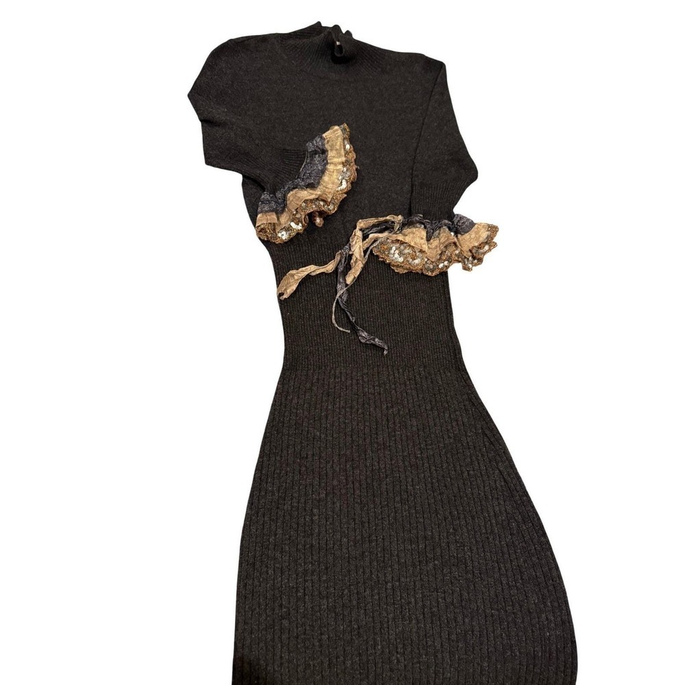 Vtg Charcoal Grey Ribbed Knit Maxi Dress Sequin Ruffle Cuffs Dark Romance Euro - Picture 12 of 15